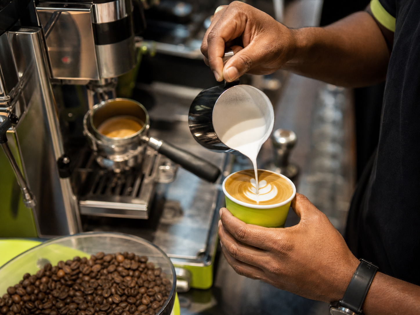 A barista carefully pouring latte art at the espresso machine