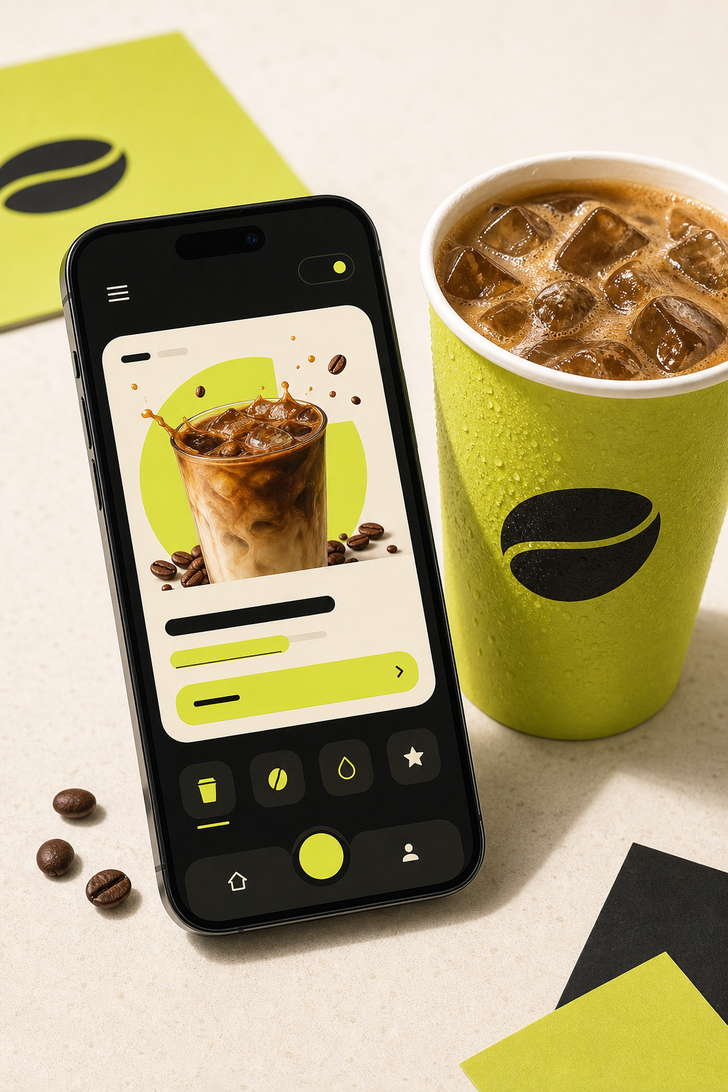 A smartphone coffee offer interface beside a fresh iced coffee