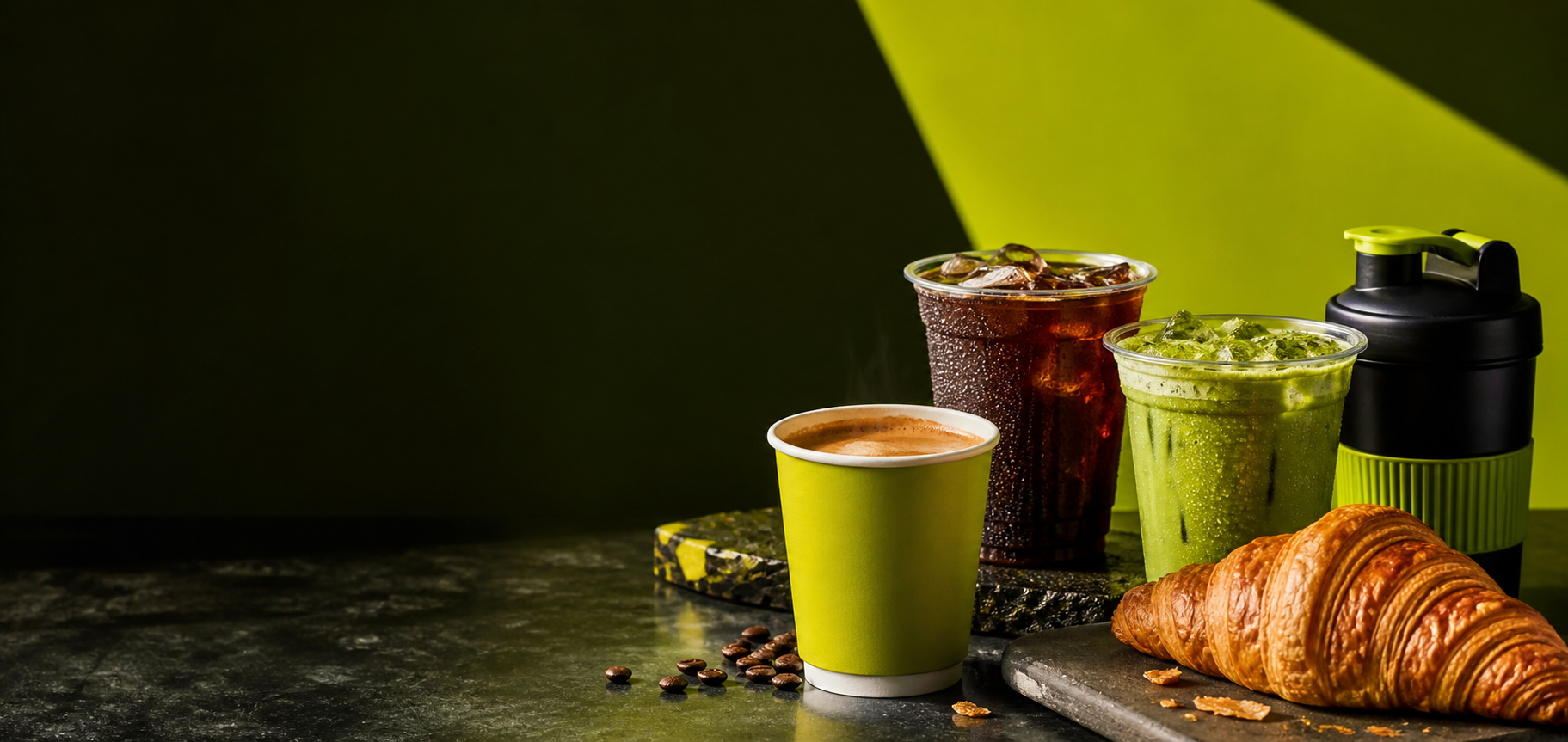 A spread of hot coffee, iced coffee, matcha, a croissant and a shaker in AB Coffee’s lime and black palette